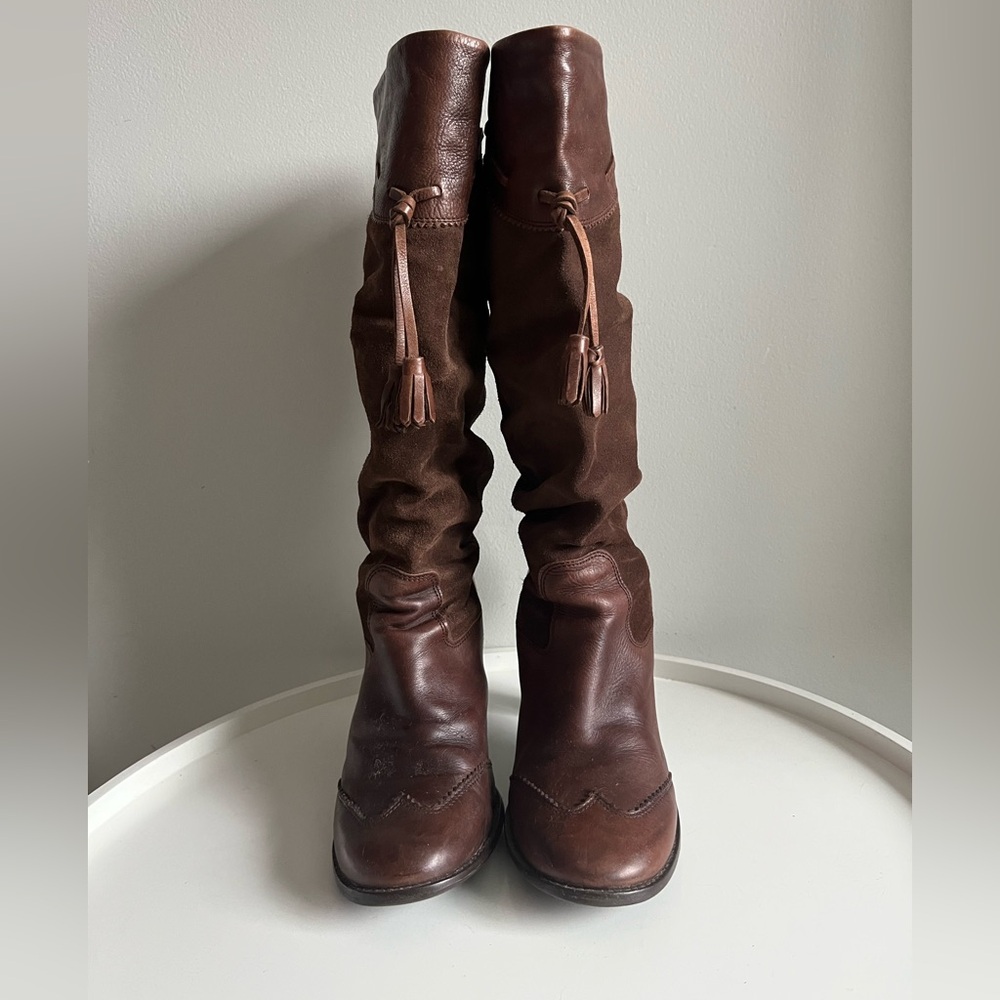 Bronx Suede Leather Tassel Slouchy Scrunched Brown Tall Boots EU Size 40/ - Picture 2 of 16